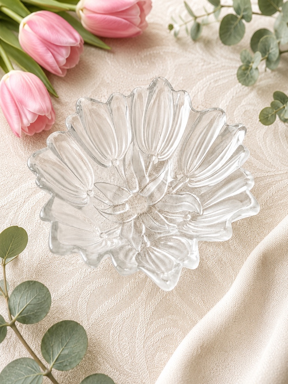 Vintage Clear Frosted Glass Tulip Flower Bowl Scalloped Edge